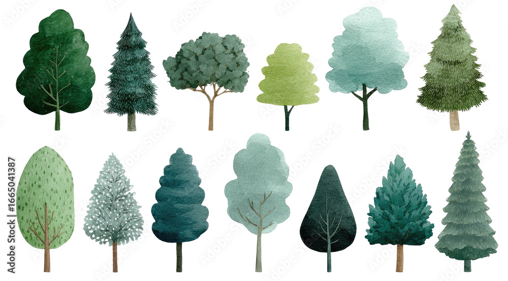 Fototapeta premium Collection of stylized, various trees in muted green, teal, and grey tones