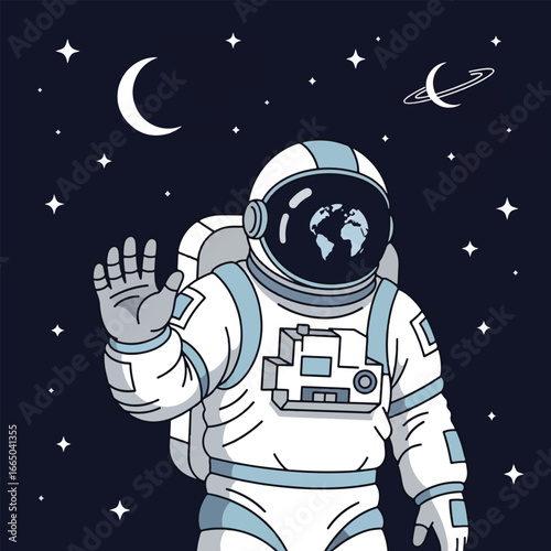 An astronaut in a white and blue spacesuit waves in outer space, with stars, a moon, and a ringed planet in the background, and Earth reflected in the helmet visor.