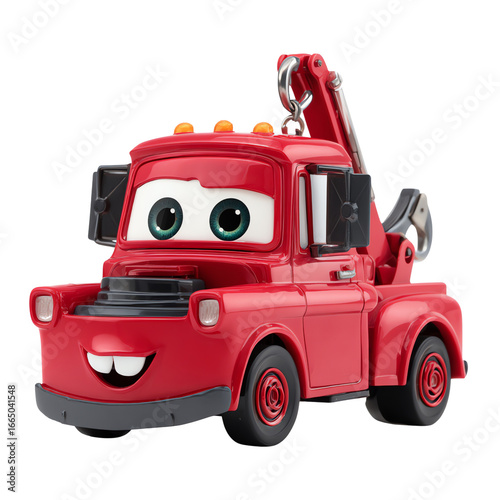 Cartoon Red Tow Truck Toy with Eyes and Hook – 3D Render – Isolate on Transparent White Background