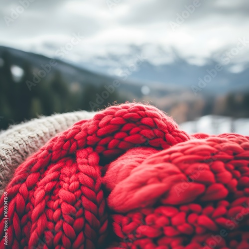 Cozy Red and Beige Knitwear Against Mountain Landscape