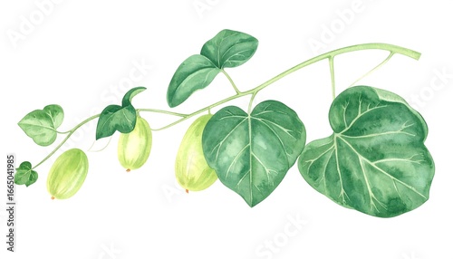 Lush Green Watercolor Ivy Gourd Branch with Heart-Shaped Leaves and Unripe Fruits, Botanical Illustration on White