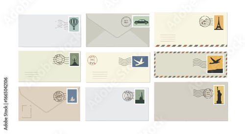 Collection of nine envelopes with various stamps and postmarks, featuring travel themes and iconic landmarks.