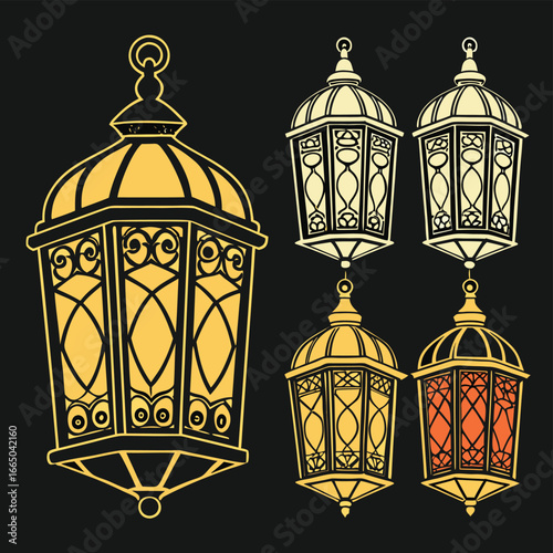 Collection of Ornate Moroccan Lanterns in Yellow and Orange Hues on Black Background Islamic lantern
