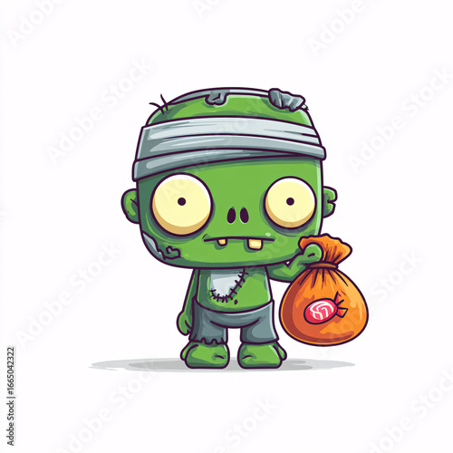 A friendly cartoon zombie character holding a candy bag, ideal for Halloween t-shirt designs with a cute twist.