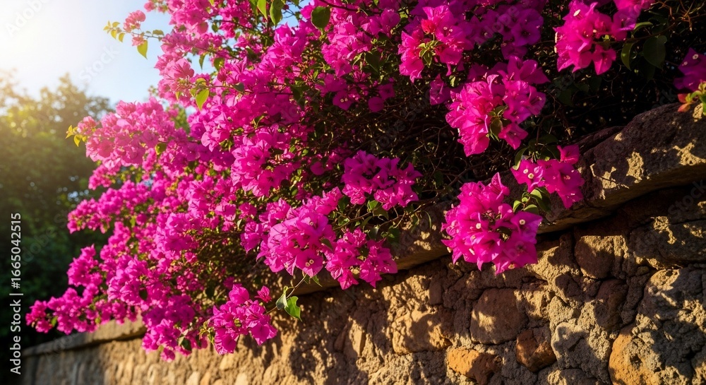 Obraz premium Vibrant Bougainvillea Cascade - Sunlit Pink Blooms on Rustic Stone Wall, Mediterranean Charm.