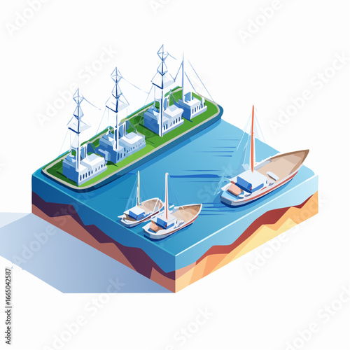 Isometric Illustration of Boats and Wind Turbines at a Harbor