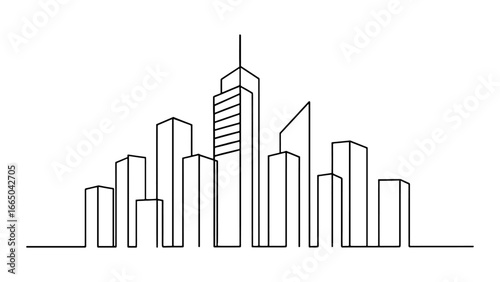 Minimalist urban skyline with linear high-rise buildings in black and white