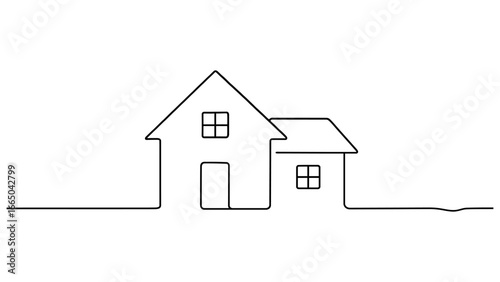 Minimalist one-line drawing of house and building with simple roof design