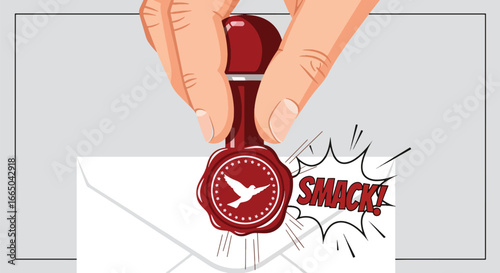 A hand presses a red wax seal with a bird design onto a white envelope, accompanied by a "SMACK!" sound effect.