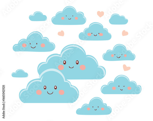 A group of cute cartoon clouds with smiling faces floating happily in a blue sky.