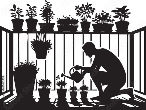 Silhouette of Man Kneeling and Watering Plants on Balcony, Urban Gardening and Eco Friendly Living