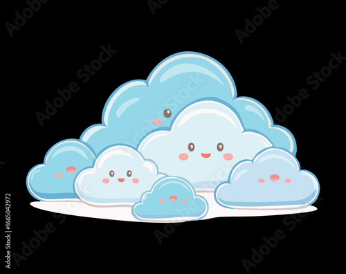 A collection of cheerful cartoon clouds with smiling faces, full of joy and cuteness.