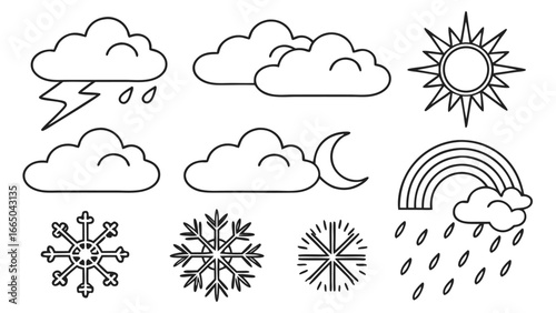 Weather set of web icons in line style. Forecast weather icons for web and mobile app. Forecast, clouds, sunny day, wind, snowflakes, sun, rain, thunder storm, dew, wind, moon. Vector illustration