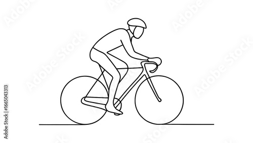 Cyclist in motion: minimalist one line art drawing of a person riding a bicycle