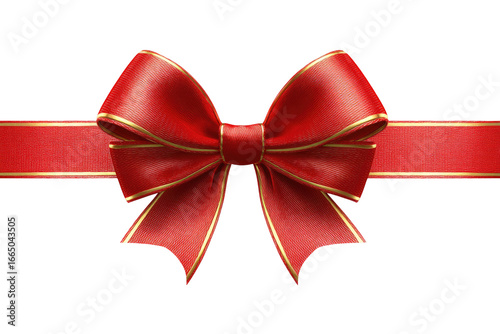 A vibrant red bow, elegantly tied, sits atop a wide red ribbon. Gold accents outline the bow and ribbon