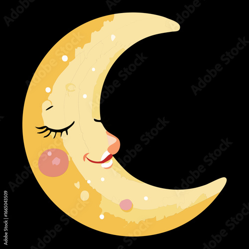 Crescent moon with a friendly and contented sleeping face, a charming and soft illustration for bedtime stories.
