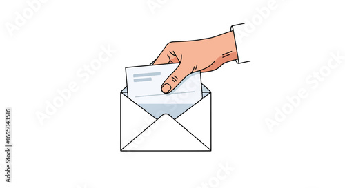 Hand placing a letter inside an open envelope, depicted in a minimalist, cartoon-like illustration on a white background.