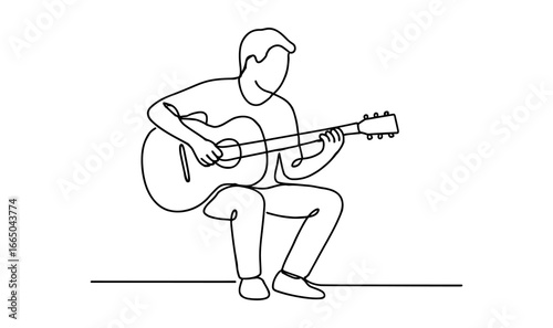 Minimalist continuous line drawing of a guitarist in seated pose
