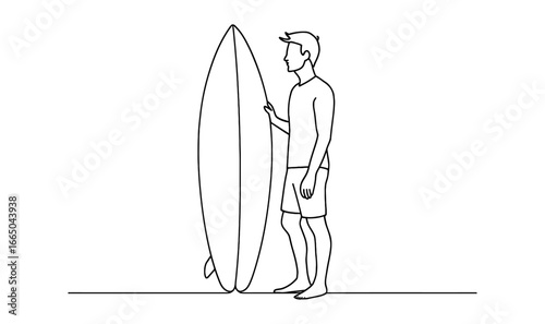 Surfer silhouette with surfboard line art on minimal background