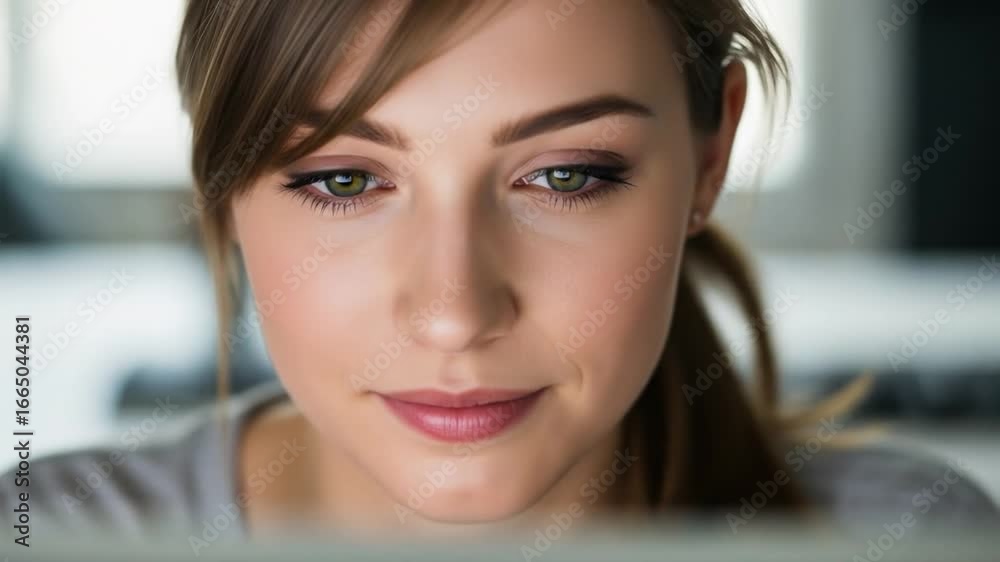 Focused young woman intently gazing at a computer screen, working or studying intently, with soft Focused young woman intently gazing at a computer screen, working or studying intently, with soft