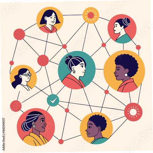 Diverse female faces connect in a network, symbolizing global relationships and collaboration