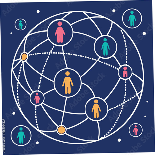 Diverse figures connect within a global network, showcasing international collaboration and digital communication on dark blue