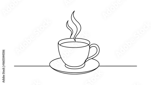 Minimalist line art of a steaming coffee cup on a saucer