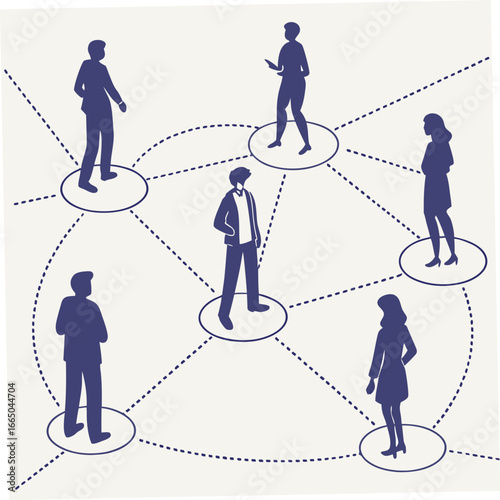People silhouettes stand connected through a dotted network across a light background, creating a community