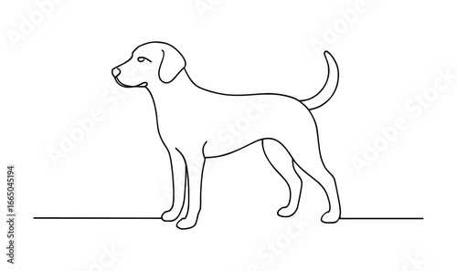 Minimalist line drawing of dog standing on horizontal line