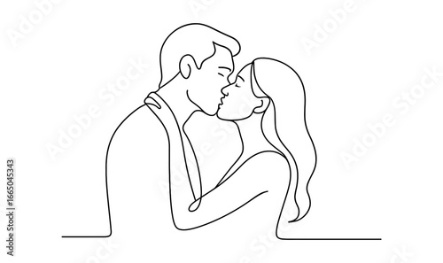 Minimalist one line art of couple kissing in romantic embrace