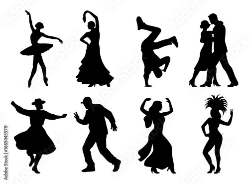 Silhouette dance styles: diverse dance poses in black silhouette for creative design