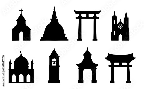 Silhouette icons of diverse religious buildings and monuments
