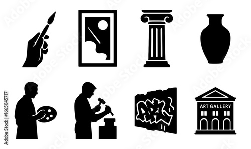 Silhouette art icons: painter, sculptor, gallery, graffiti, pottery and more