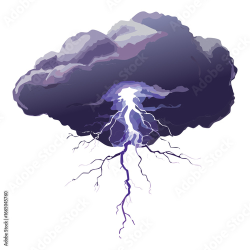 Ominous dark gray storm cloud with a sharp lightning bolt, perfect for illustrating a powerful and destructive thunderstorm