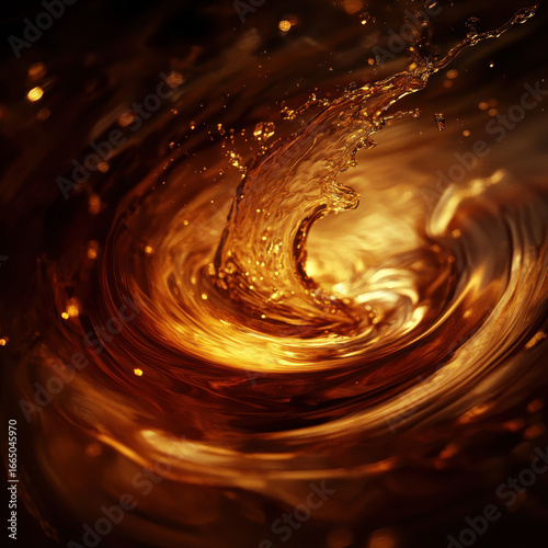Fiery whiskey splash in a tumbler, deep amber liquid swirling, dramatic lighting highlighting each droplet, moody and sophisticated, high-quality stock image with copy space. 