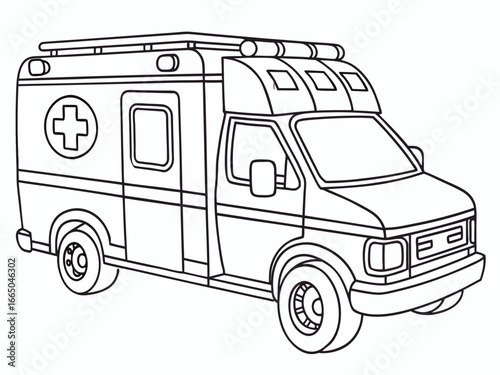 Vector style coloring page with a simple black outline drawing of an ambulance van