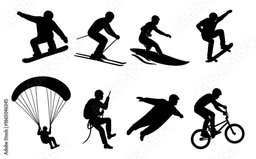 Extreme sports silhouettes: snowboarding, skiing, surfing, skateboarding, paragliding, climbing, flying, bmx