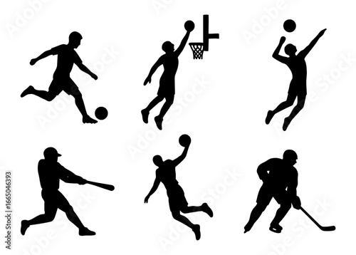 Dynamic sports silhouettes: soccer, basketball, baseball, and hockey in motion