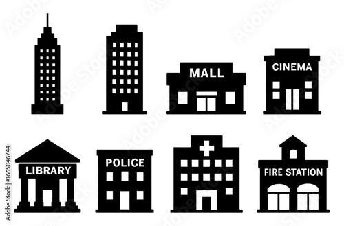 City buildings silhouette set featuring mall, cinema, library, and more