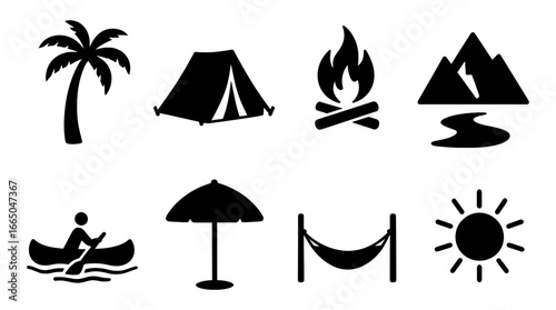 Adventure icons: camping, kayaking, and outdoor fun in silhouette style