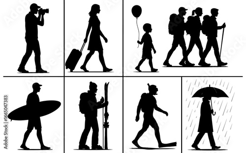 Silhouettes of people traveling, hiking, and enjoying outdoor activities