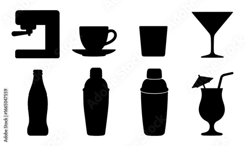 Silhouette icons of coffee makers, cups, and cocktail glasses