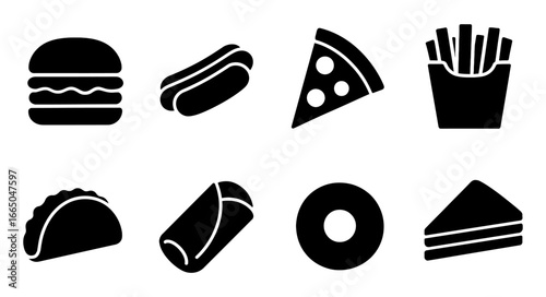 Silhouette icons of popular fast foods: burger, hot dog, pizza, and more