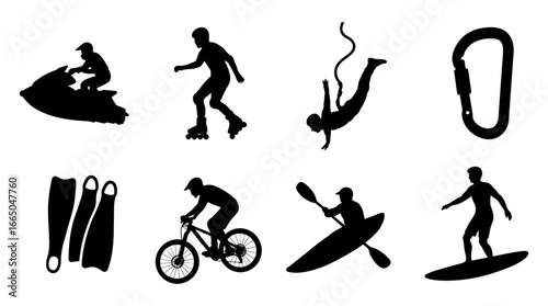 Adventure sport icons: silhouette collection of outdoor activity figures