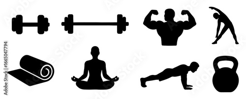 Fitness icons set: yoga, strength, and exercise silhouettes for wellness designs