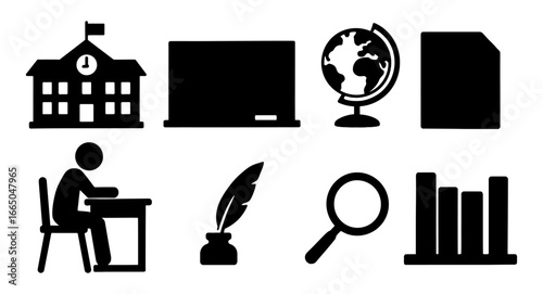 Education icon set featuring school, laptop, and learning tools in silhouette style