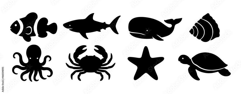 Fototapeta premium Black silhouette marine animals set: fish, shark, whale, shell, octopus, crab, starfish, turtle