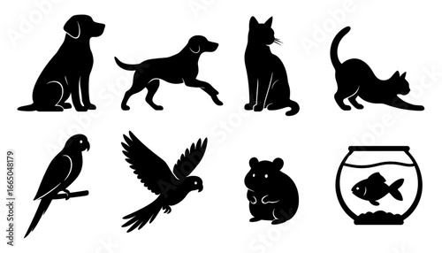 Silhouette of popular pets: dogs, cats, birds, hamster, and fish in black silhouette style