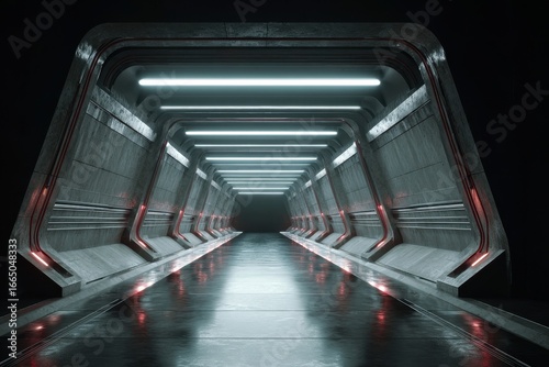 Futuristic corridor, glowing lights, dark background, sci-fi scene, concept art