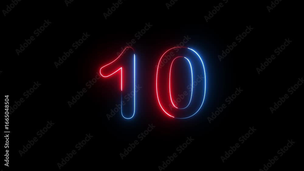 Number 10 text icon animation glowing neon red and blue color digit countdown anniversary template sign symbol on black background Number 10 text icon animation glowing neon red and blue color digit countdown anniversary template sign symbol on black background